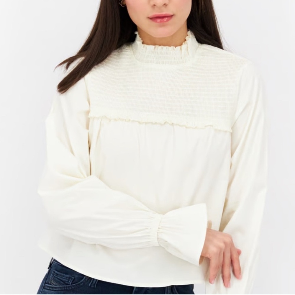 WeWoreWhat NWOT Smocked Neck Poplin Blouse in Whisper White / Ivory - Reemoly